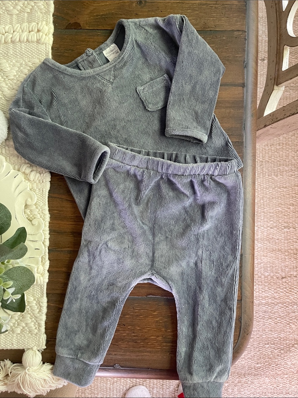 Blue Corduroy Kids Matching Set - Long Sleeve Top & Elastic Waist Pants